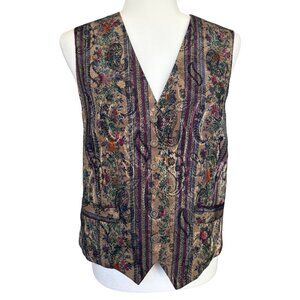 Vintage Worthington Striped Rocaille Print Tapestry Vest with Gold Buttons Large